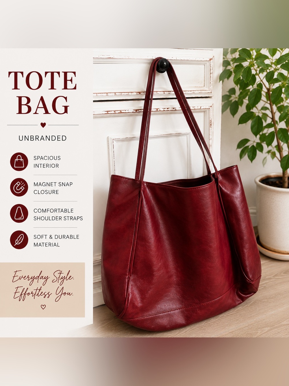 Classic Red Leather Tote Bag - Spacious Women’s Shoulder Bag